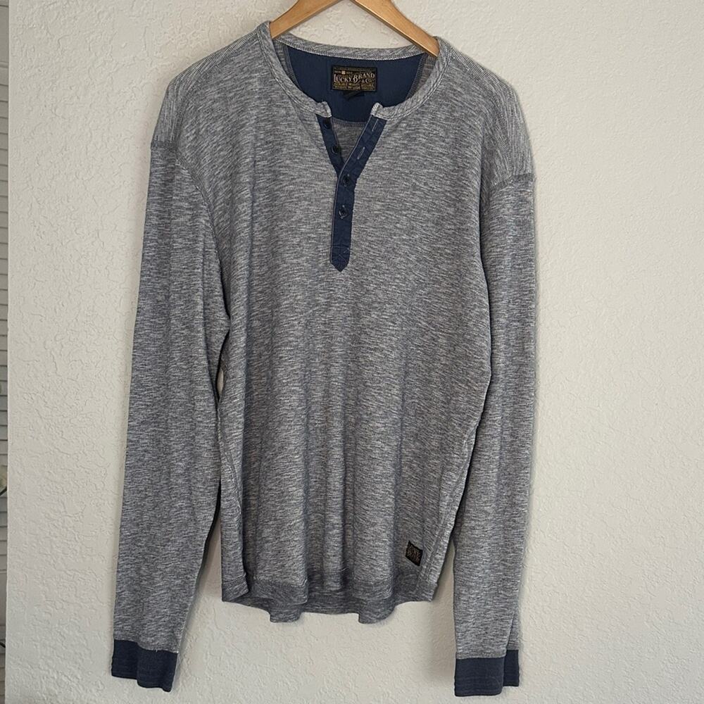 Lucky Brand Men’s Henley Long Sleeve Large Blue Grey Preppy Fall Collegiate